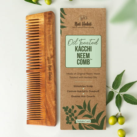 Nat Habit Kacchi Neem Comb | Wooden Comb For Hair Growth | Hairfall | Dandruff Control (Dual Tooth)