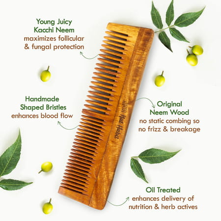 Nat Habit Kacchi Neem Comb | Wooden Comb For Hair Growth | Hairfall | Dandruff Control (Dual Tooth)