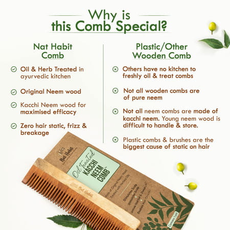Nat Habit Kacchi Neem Comb | Wooden Comb For Hair Growth | Hairfall | Dandruff Control (Dual Tooth)