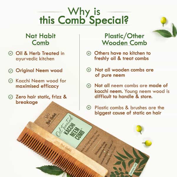 Nat Habit Kacchi Neem Comb | Wooden Comb For Hair Growth | Hairfall | Dandruff Control (Dual Tooth)