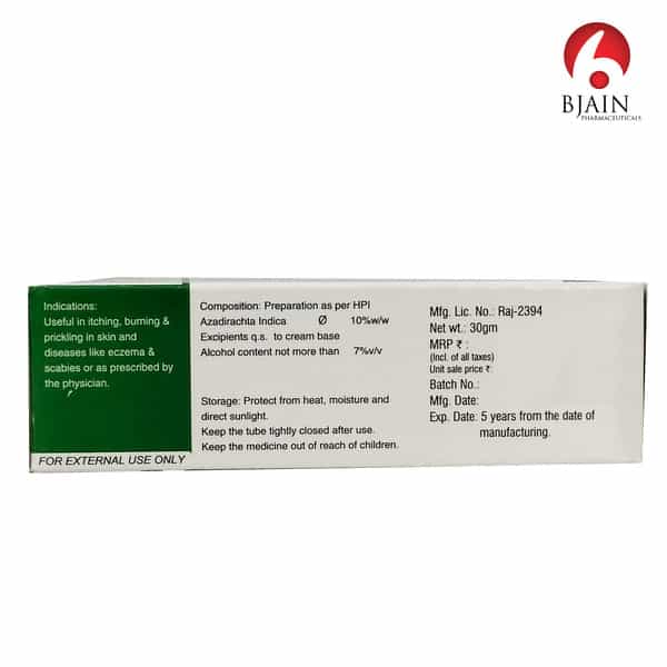 Bjain Azadirachta Indica (Neem) Cream | Herbal Skin Support For Acne . Pimples & Itching - 30Gm