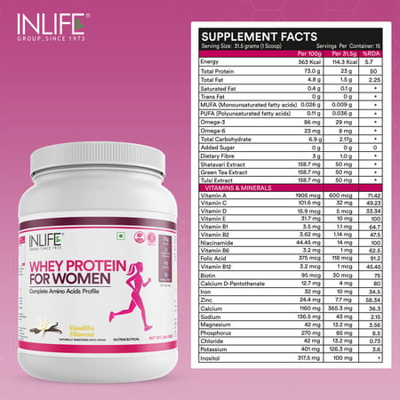 Inlife Whey Protein Powder For Women | Ayurvedic Herbs | 500 Gm | Vanilla Flavour