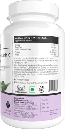 Briyo Vitamin C Plus Elderberry - 90 Chewable Tablets For Daily Immune Support -Natural Berry