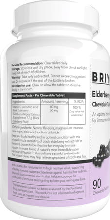 Briyo Vitamin C Plus Elderberry - 90 Chewable Tablets For Daily Immune Support -Natural Berry