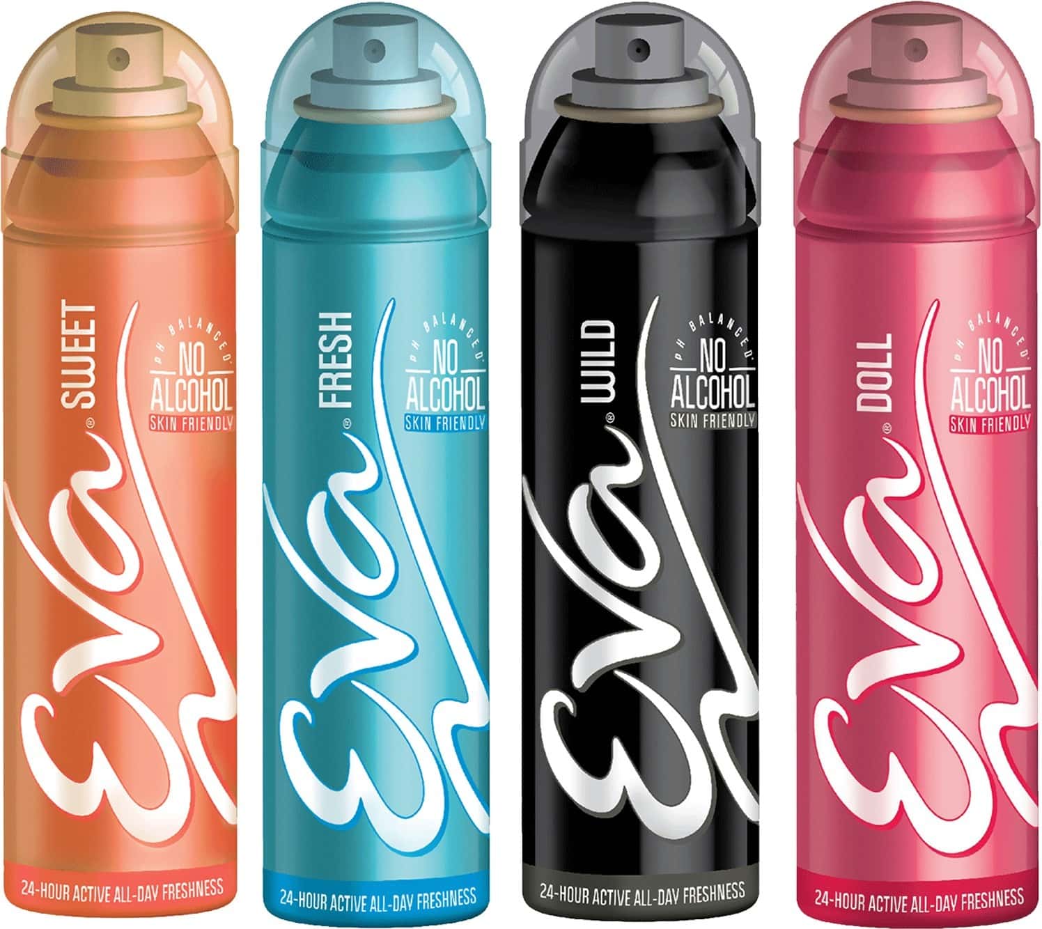 Eva Perfumed Deodrant Skin Friendly Body Spray For Woman Sweet Fresh Wild & Doll 150ml (Pack Of 4)