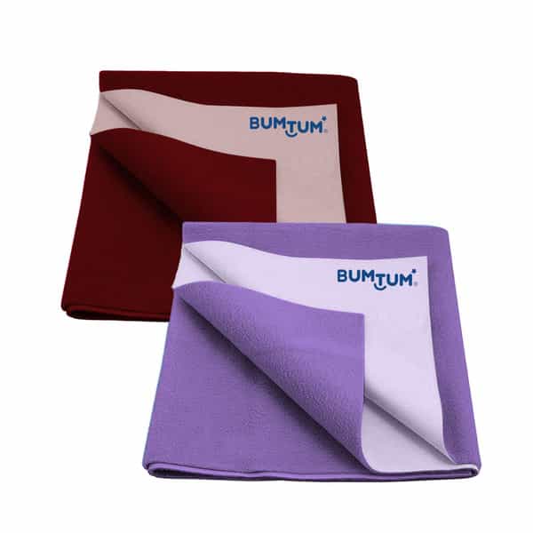 Bumtum Dry Sheet Leakproof Baby Bed Protector (Maroon + Lilac Medium Size 100*70Cm|Pack Of 2)