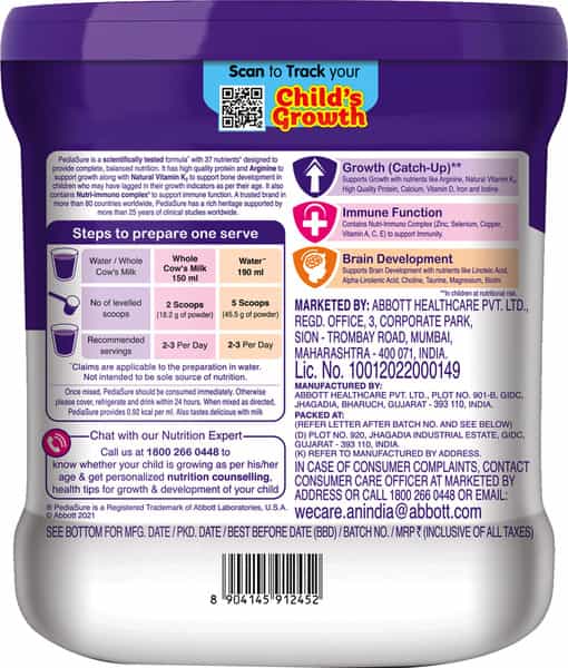 Pediasure Complete Balanced Nutrition To Help Kids Growth Chocolate Jar 400 Gm