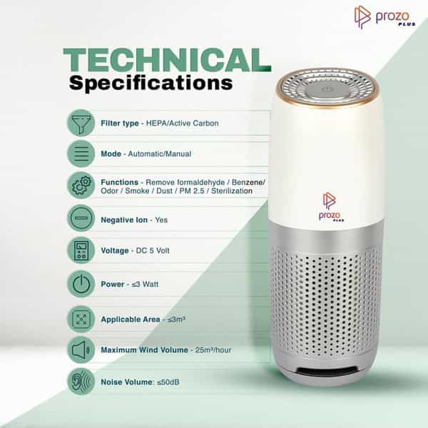 Prozo Plus Ce Certified Hepa Filter Portable Air Purifier For Car Home And Office Working Station