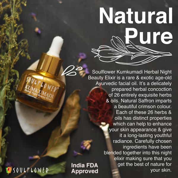 Soulflower Pure & Natural Kumkumadi Night Beauty Elixir With Precious Oils Of Saffron & Almond 30Ml