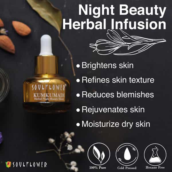 Soulflower Pure & Natural Kumkumadi Night Beauty Elixir With Precious Oils Of Saffron & Almond 30Ml