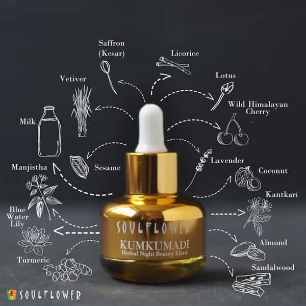 Soulflower Pure & Natural Kumkumadi Night Beauty Elixir With Precious Oils Of Saffron & Almond 30Ml