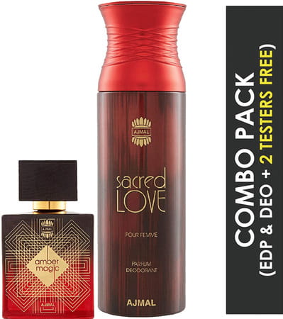 Ajmal Amber Magic Eau De Parfum 100ml Perfume For Men And Sacred Love Deodorant 200ml For Women