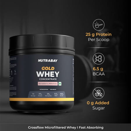 Nutrabay Gold 100% Whey Protein Concentrate Strawberry Milkshake - 500g