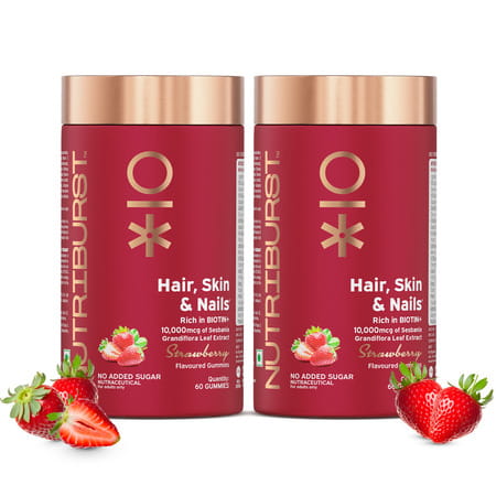 Nutriburst Biotin Gummies To Support Hair | Skin & Nail Growth (2x60 Gummies)(Strawberry Flavor)
