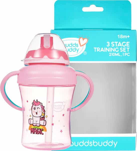 Buddsbuddy Bpa Free Antispill Baby Training Sipper (Spout+Straw+Drinking Sucker) Set Pink 210Ml