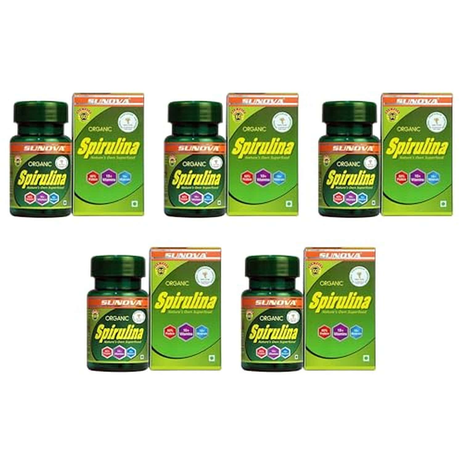 Sunova Organic Spirulina Tablets - Spirulina And Blue-green Algae | 60 Tablets X Pack F 5