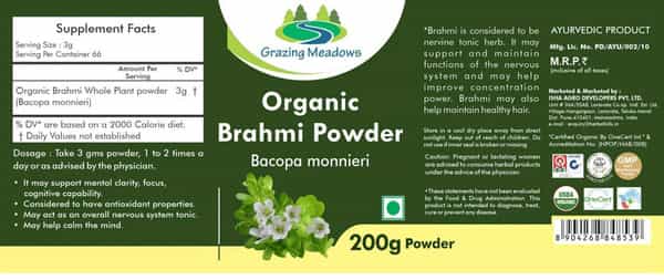 Grazing Meadows Organic Brahmi Powder/Bacopa Monnieri/Hair Growth & Memory Support - 200Gms