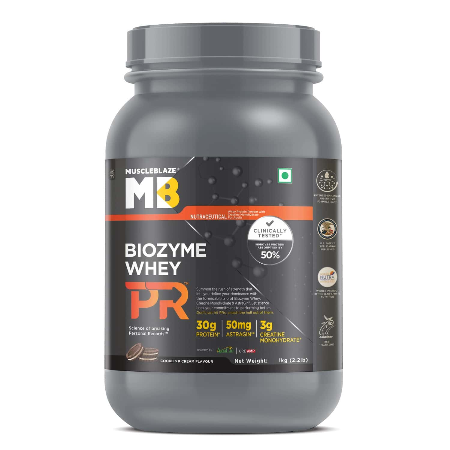 Muscleblaze Biozyme Whey Protein Pr With 30g Protein | 3g Creatine Monohydrate Cookies & Cream | 1kg