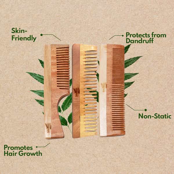 Imvelo Neem Wooden Combs | 1 Fine + 1 Dual Tooth + 1 Wide Tooth (Pack Of 3 Combs)