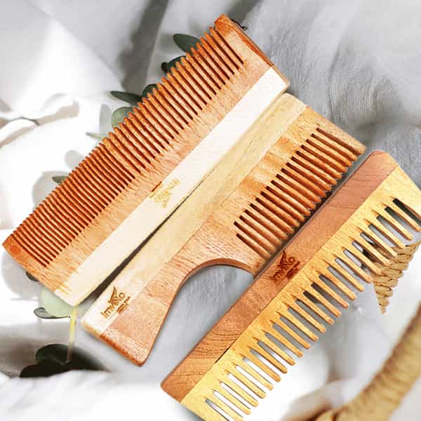 Imvelo Neem Wooden Combs | 1 Fine + 1 Dual Tooth + 1 Wide Tooth (Pack Of 3 Combs)