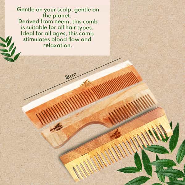 Imvelo Neem Wooden Combs | 1 Fine + 1 Dual Tooth + 1 Wide Tooth (Pack Of 3 Combs)
