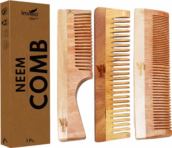 Imvelo Neem Wooden Combs | 1 Fine + 1 Dual Tooth + 1 Wide Tooth (Pack Of 3 Combs)