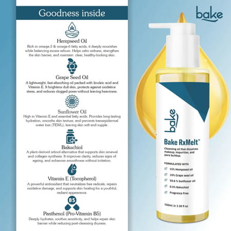 Bake Rxmelt Cleansing Oil For Makeup | Blackheads & Whiteheads | Deep Clean | Fragrance-Free | 100ml