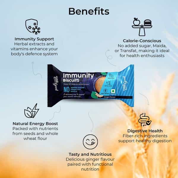 Taste Good Immunity Biscuits | Ginger Flavour | 6 Herbal Extracts & 3 Super Seeds | 10X75gm