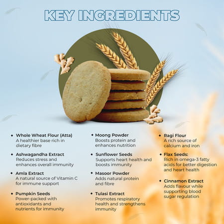 Taste Good Immunity Biscuits | Ginger Flavour | 6 Herbal Extracts & 3 Super Seeds | 10x75gm
