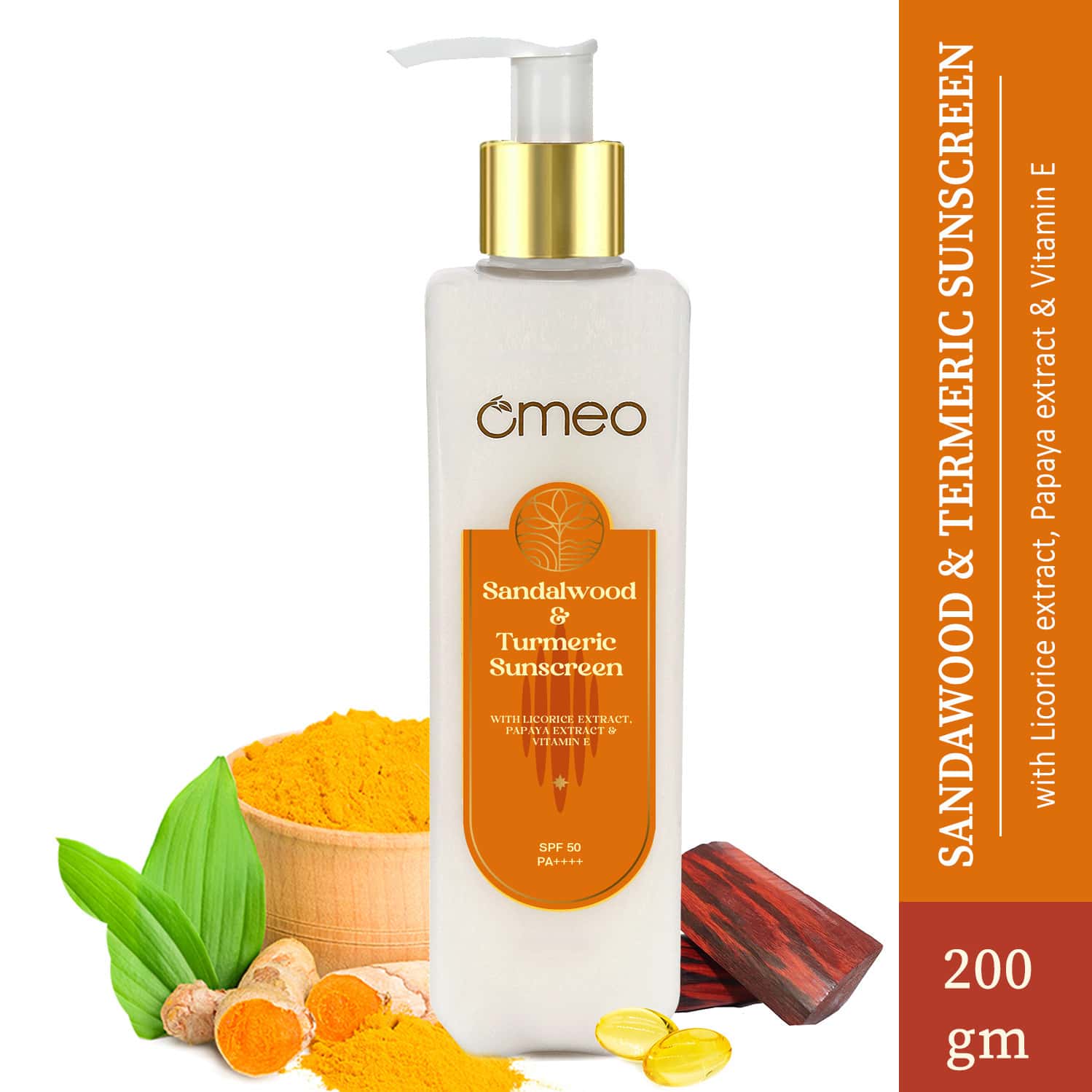 Omeo Sunscreen With Sandalwood | Turmeric | Papaya & Licorice Extract | Spf 50 & Pa++++ (-200g)