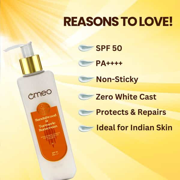 Omeo Sunscreen With Sandalwood | Turmeric | Papaya & Licorice Extract | Spf 50 & Pa++++ (-200G)