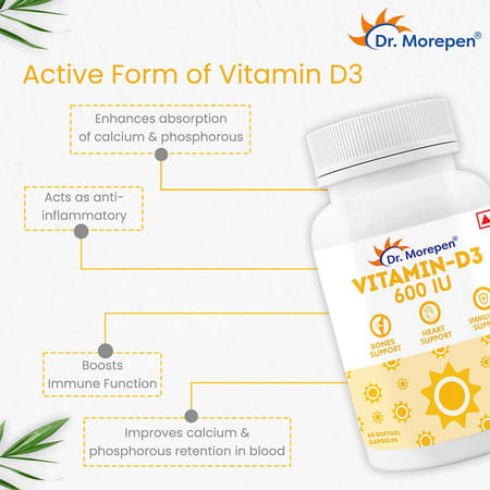 Dr. Morepen Vitamin D3 600 Iu For Healthy Bones Joints Heart & Immune Support - 60 Softgels