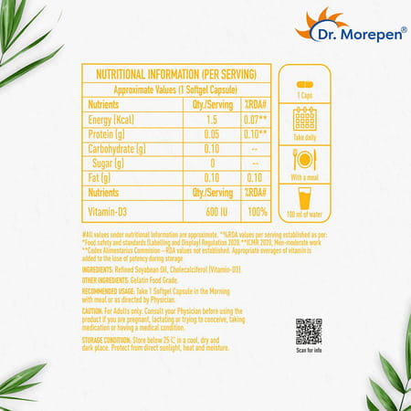Dr. Morepen Vitamin D3 600 Iu For Healthy Bones Joints Heart & Immune Support - 60 Softgels
