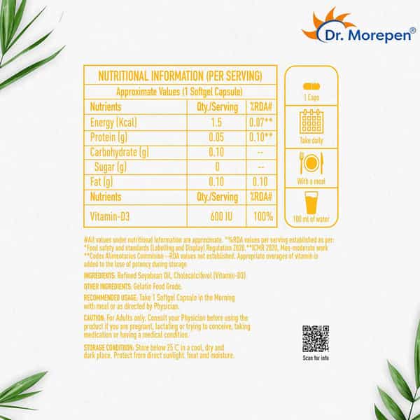 Dr. Morepen Vitamin D3 600 Iu For Healthy Bones Joints Heart & Immune Support - 60 Softgels