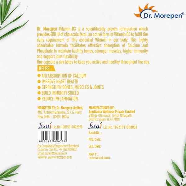 Dr. Morepen Vitamin D3 600 Iu For Healthy Bones Joints Heart & Immune Support - 60 Softgels