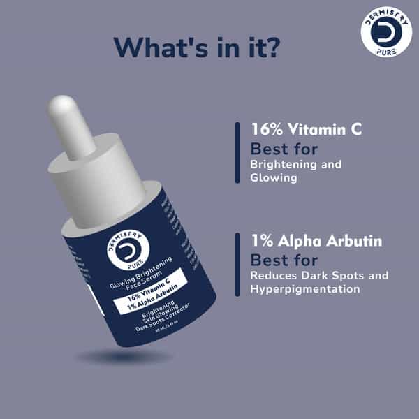 Dermistry 16% Vitamin C 1% Alpha Arbutin Skin Glow Light Bright Dark Spot Corrector Face Serum 30Ml