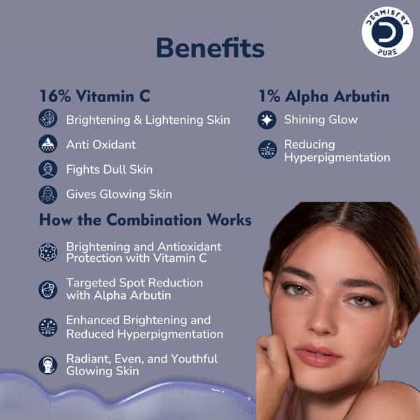 Dermistry 16% Vitamin C 1% Alpha Arbutin Skin Glow Light Bright Dark Spot Corrector Face Serum 30Ml