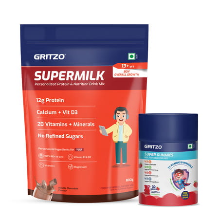 Gritzo Supermilk Overall Growth (13+y Boys) | 12g Protein | Double Chocolate 800g With Super Gummies
