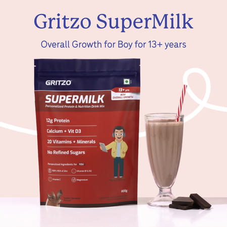 Gritzo Supermilk Overall Growth (13+Y Boys) | 12g Protein | Double Chocolate 800g With Super Gummies