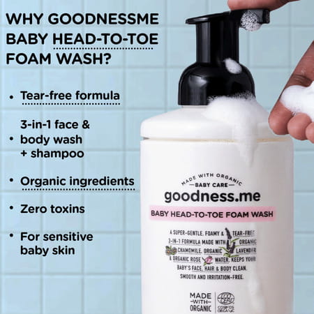 Goodness.Me Certified Organic Baby Foam Head-To-Toe Face Body Wash Shampoo Tear Free 200ml