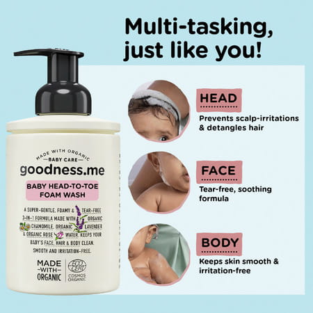 Goodness.Me Certified Organic Baby Foam Head-To-Toe Face Body Wash Shampoo Tear Free 200ml