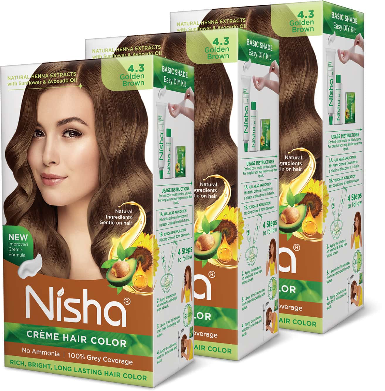 Nisha Creme Hair Color 4.3 Golden Brown 120gm Pack Of 3 Ammonia Free Hair Colour, 100% Grey Coverage