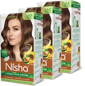 Nisha Creme Hair Color 4.3 Golden Brown 120gm Pack Of 3 Ammonia Free Hair Colour, 100% Grey Coverage
