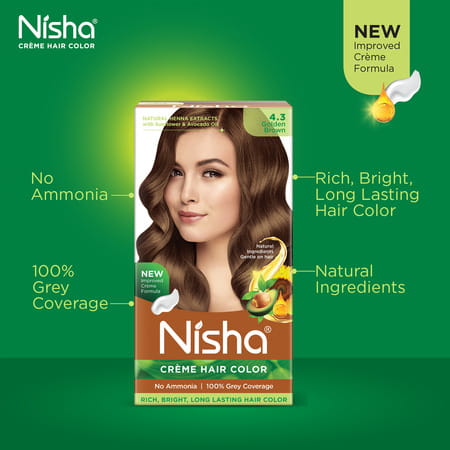Nisha Creme Hair Color 4.3 Golden Brown 120gm Pack Of 3 Ammonia Free Hair Colour, 100% Grey Coverage