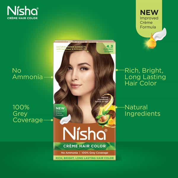 Nisha Creme Hair Color 4.3 Golden Brown 120Gm Pack Of 3 Ammonia Free Hair Colour, 100% Grey Coverage