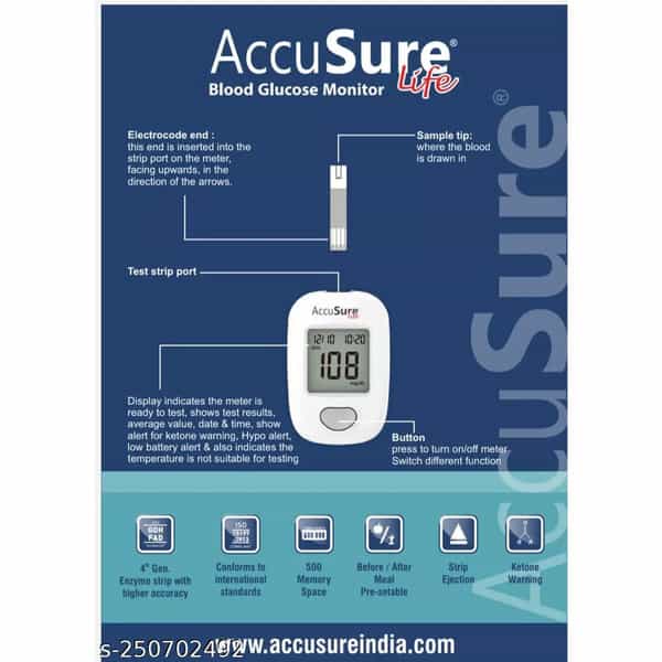 Accusure Life Blood Glucose Metre | With 25 Test Strips