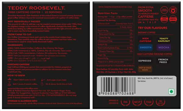 Teddy Roosevelt High Caffeine Instant Coffee Added Vitamins 50G