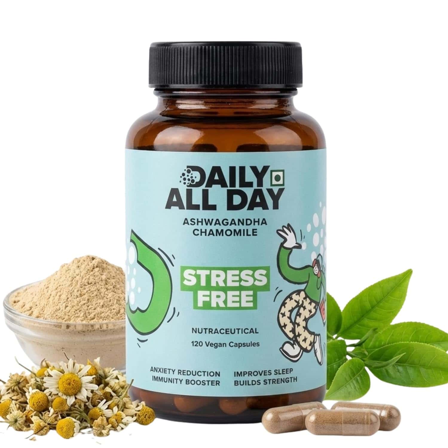 Daily All Day Stress Free | Ashwagandha Root | Chamomile For Sleep | Green Tea | 120 Capsules