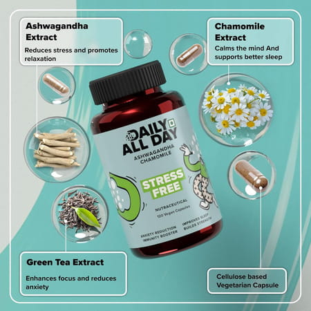 Daily All Day Stress Free | Ashwagandha Root | Chamomile For Sleep | Green Tea | 120 Capsules