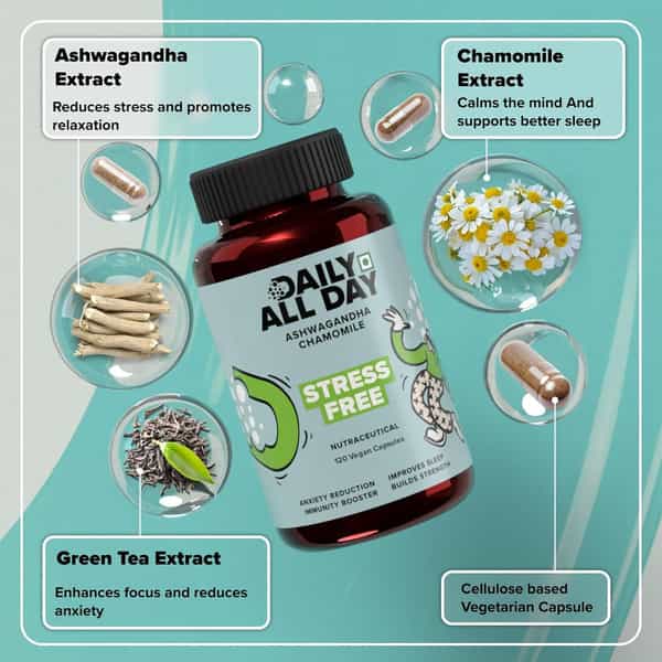 Daily All Day Stress Free | Ashwagandha Root | Chamomile For Sleep | Green Tea | 120 Capsules